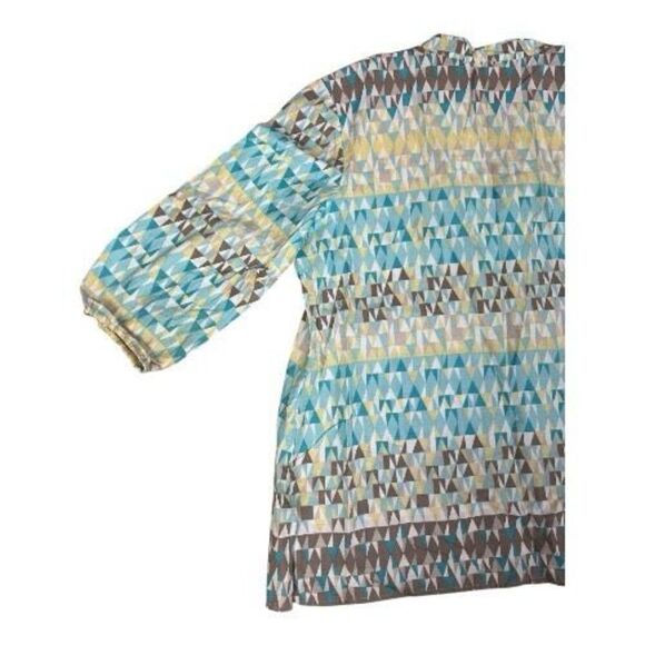 JM Collection Tunic 12 Geometric Print Blue Yellow Beaded Cotton Slit Pullover - Picture 8 of 12